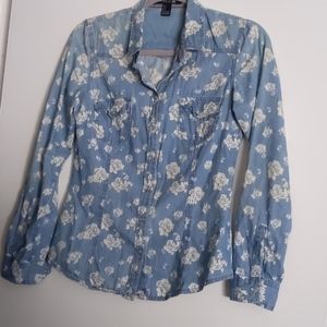 Snap button up floral long sleeve chambray shirt